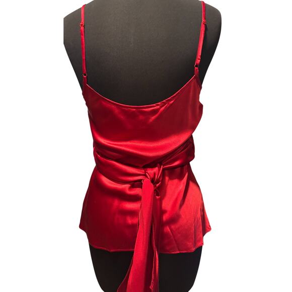 Boston Proper Red Silk Faux Wrap Plunging V Top Empire Waist Self Belt Sz 10 - Picture 5 of 6